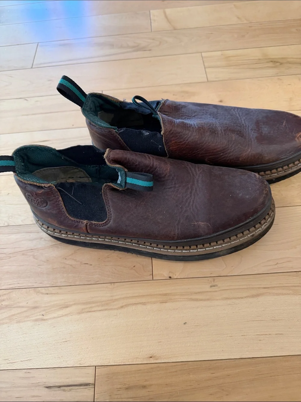 Georgia Boot Brown Leather Slip-On Loafers with Teal Accent